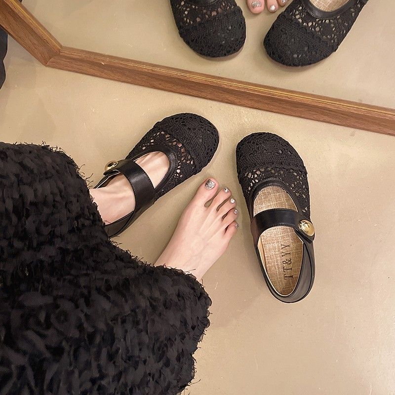 Thick-soled Inner Height-increasing Single Shoes Women's Woven One-pedal Velcro Mary Jane Shoes With Skirts Casual Shoes_voghion.com