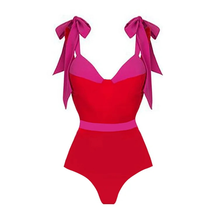 Maillot de bain une pièce pour femme avec nœud papillon - Motif blocs de couleurs_voghion.com