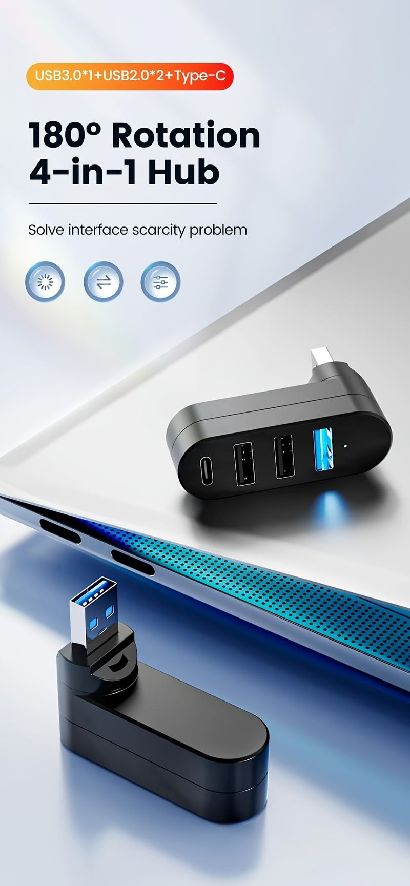 4 IN 1 180 Degree Rotation Port Multi Type-C Splitter Power Adapter Multiple Expander 2.0 USB 3.0 Hub For PC_voghion.com