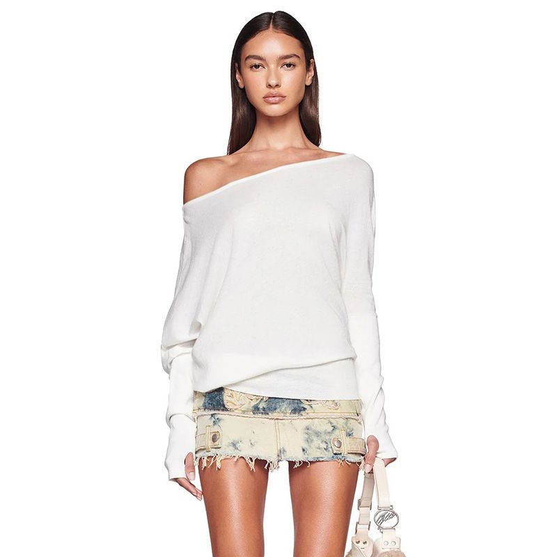 Damenbekleidung Schulterpullover T-Shirt für Frauen Lose Casual Slim All Match Tops_voghion.com