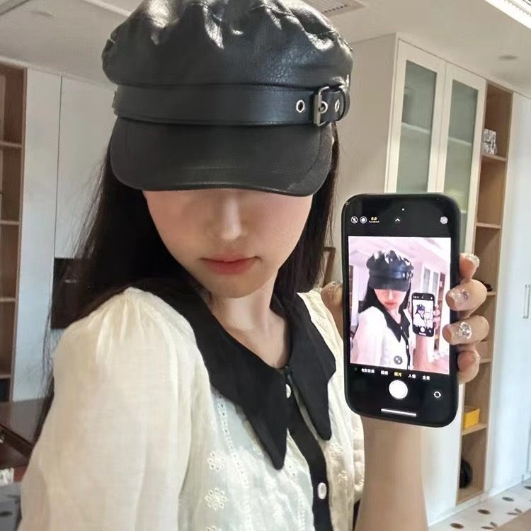 Black PU Full Navy Men, British Style Buckle Baseball Cap, Fashionable Octagonal For Women, Spring And Autumn Casual_voghion.com