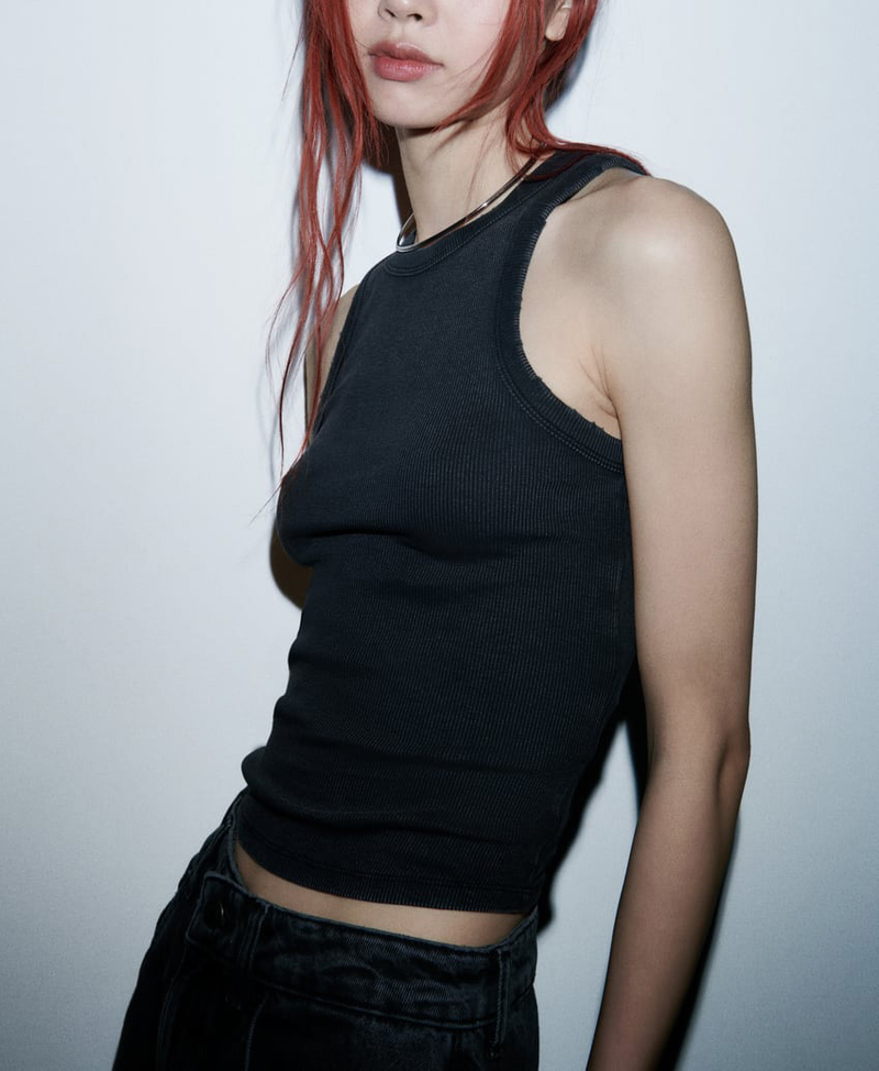 T-shirt a coste lavate con bretelle basic stile abbigliamento da donna_voghion.com