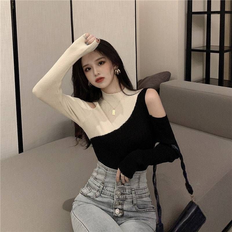 ragazza 2025 primavera e autunno nuovo maglione lavorato a maglia a collo alto a maniche lunghe con spalle scoperte color-block vestibilità slim base corta_voghion.com