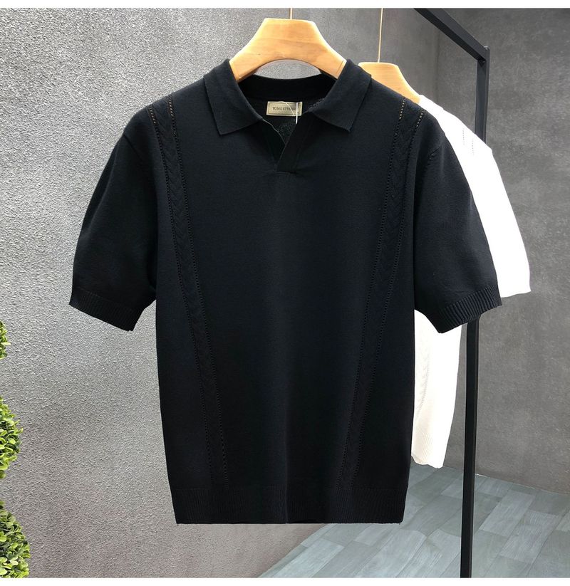 Herrenbekleidung Leichter Luxus-Revers-Kurzarmpullover Sommer Dünner Halbarm-Strickpullover Neues Herren-Eisseidenoberteil_voghion.com