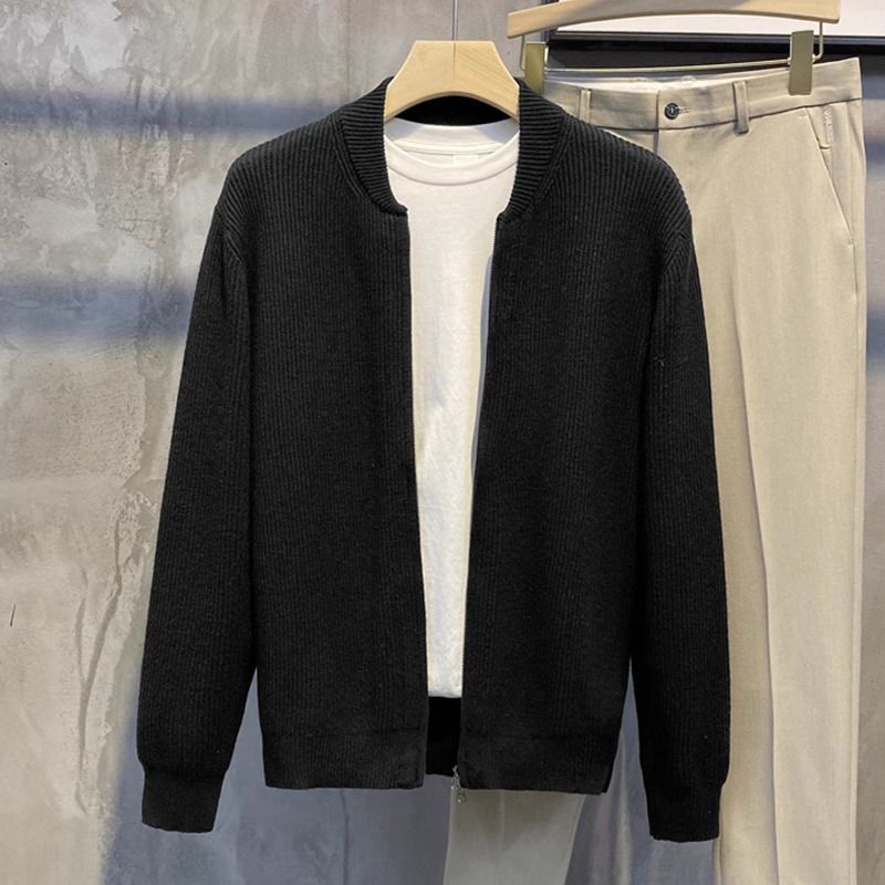 Strickjacke mit Doppelreißverschluss im High-End-Design für Herren im Frühjahr und Herbst im neuen Stil, einfache und vielseitige einfarbige Strickpulloverjacke_voghion.com