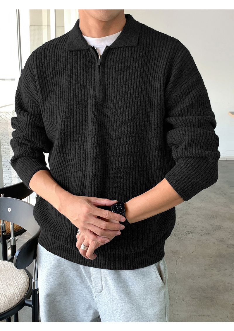 Men's Half-Zip Mock Neck Sweater - Heavyweight Fleece-Like Knit Pullover With Vertical Stripes, Warm Winter Casual Coat_voghion.com