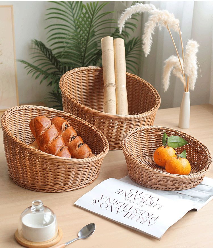 Cesto di frutta in rattan intrecciato fatto a mano per supermercato, snack da cucina, contenitore rotondo inclinato per uso domestico_voghion.com