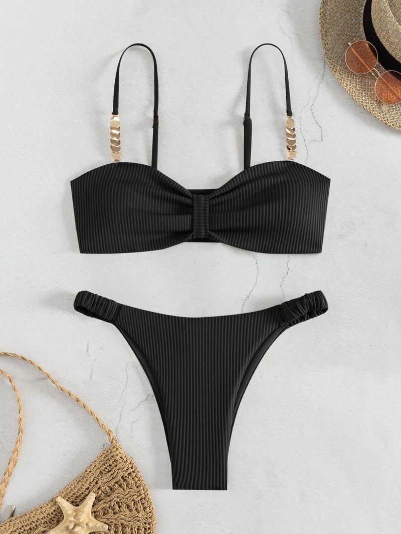 Women's Clothing Solid Color Tube Top Hollow Beach Bikini Triangle Split Beach Swimsuit_voghion.com