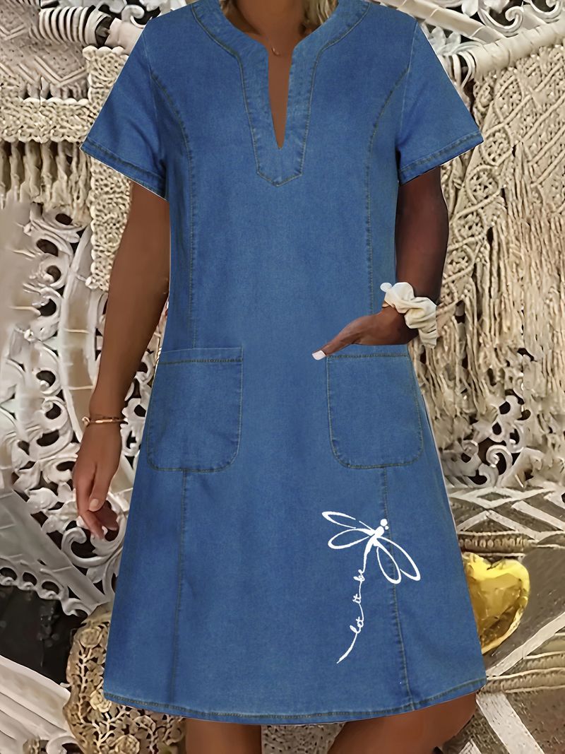Abito in denim da donna, blu scuro, sottile, con scollo a V, lunghezza media_voghion.com