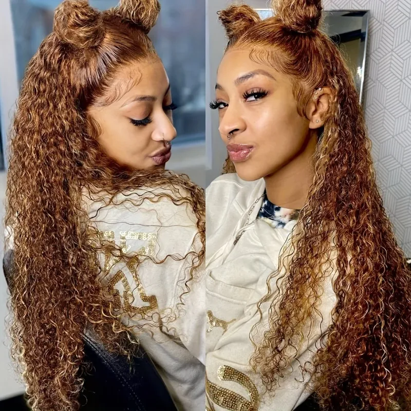 Highlight Ombre Farbige Lace Front Echthaar Perücke 30 Zoll Curly Tpart Deep Water Wave Frontal Perücken für Frauen_voghion.com
