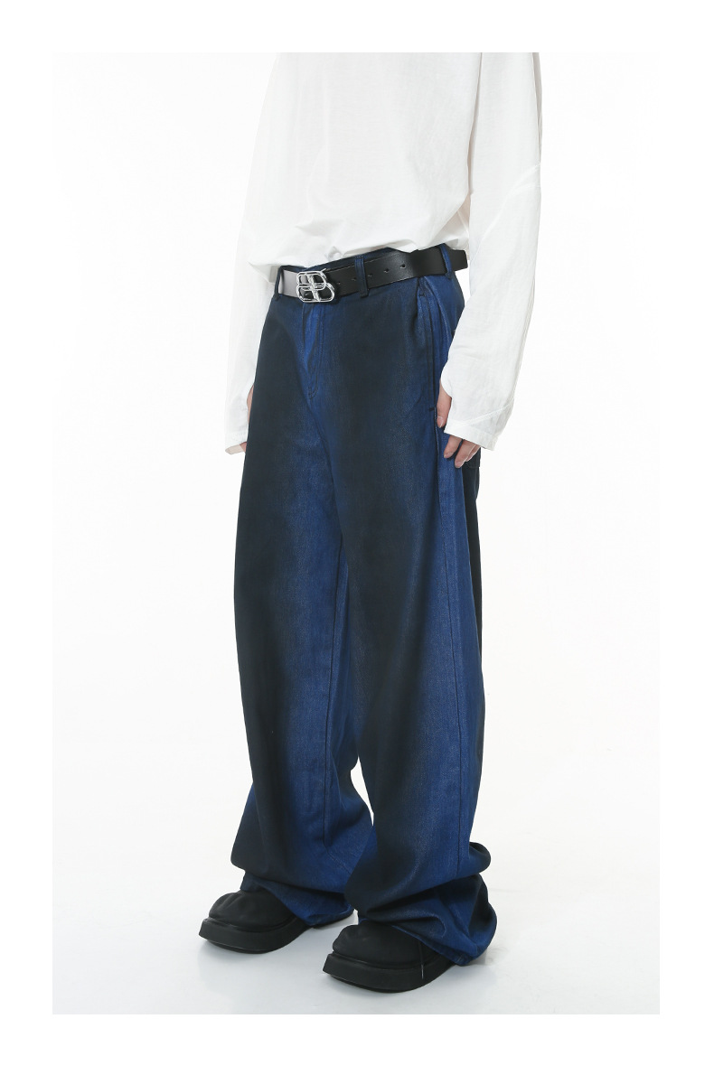 Traje de mezclilla azul con degradado abrupto retro holgado para hombre_voghion.com