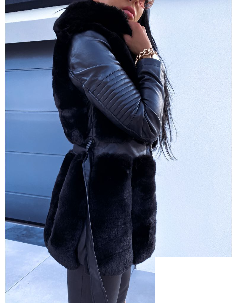 Women's fashion fur Coat with belt and hooded solid color zipper jacket_voghion.com