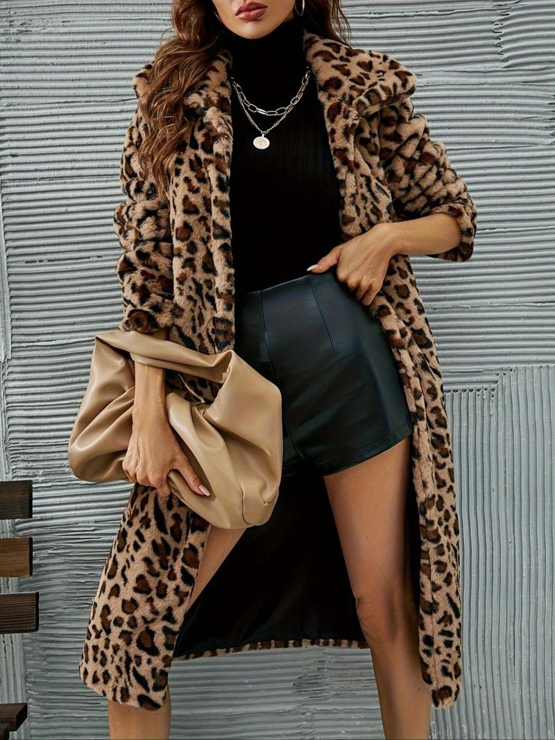 Dammekleeder Moud Casual Quadratkragen Pelzmantel Leopardendruck Plüsch laange Mantel Hierscht a Wanter Tops fir Fraen_voghion.com