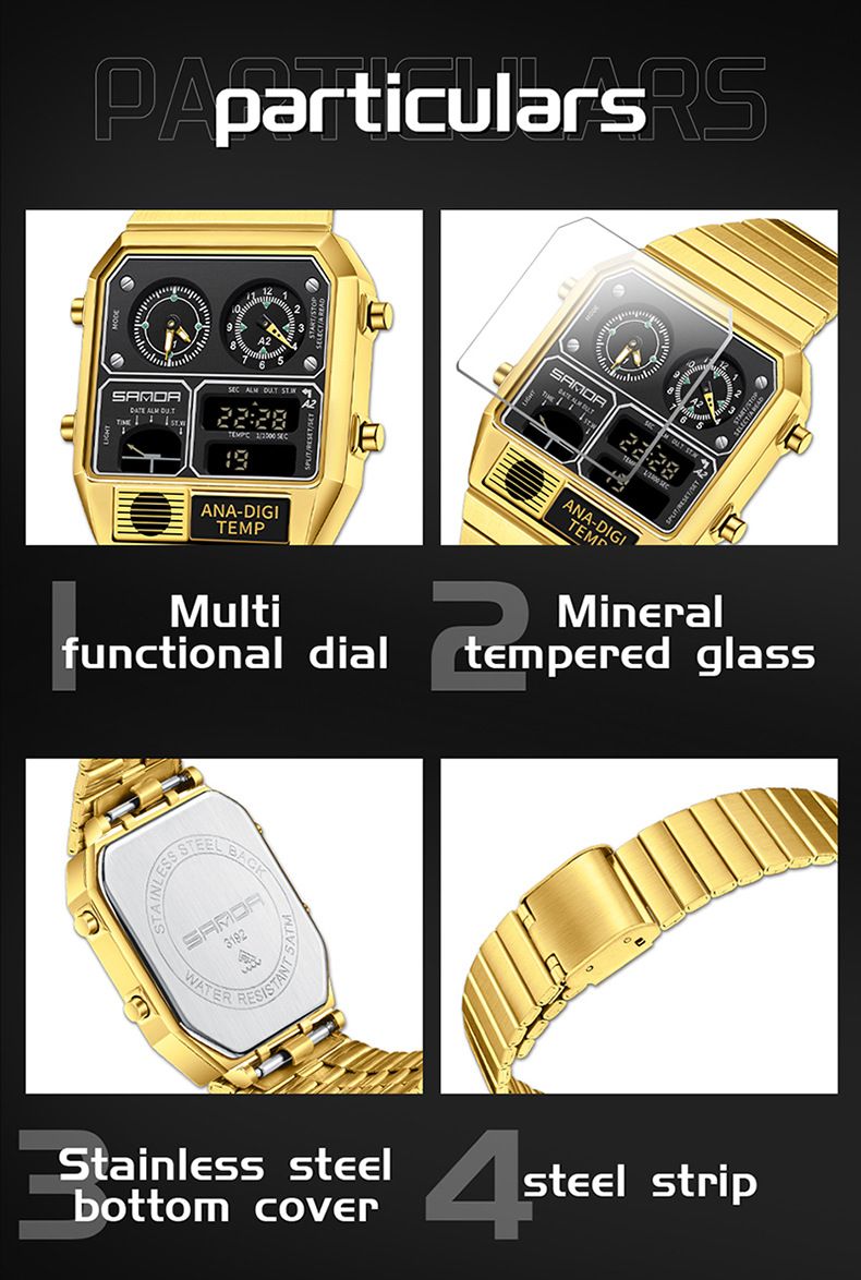Montre électronique Bracelet carré en acier Montre électronique Thermomètre Chronomètre Chronomètre Montre électronique multifonctionnelle_voghion.com