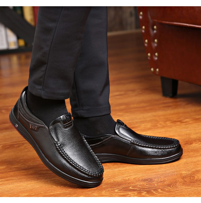 Mens Fashion British Style Classic Casual Cowhide Black Hot Sale Breathable Business Slip-on Men Leather Shoes Big Size_voghion.com
