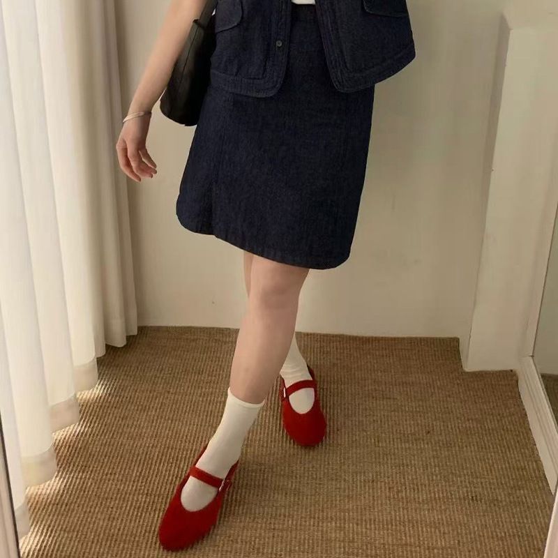 Cowhide Version Version Of Round Toe Mary Jane Shoes, Brushed Cowhide Shallow Mouth Flat Shoes, Red Single Shoes For Women_voghion.com