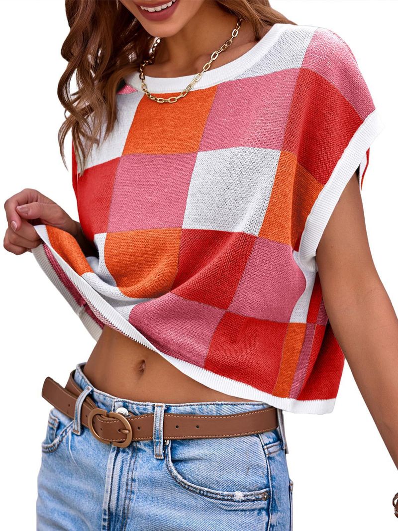 2024 Frühling Sommer Kappe Crop Top Ärmel Farbblock Rundhals Gestrickte Schachbrett Pullover Kurze_voghion.com