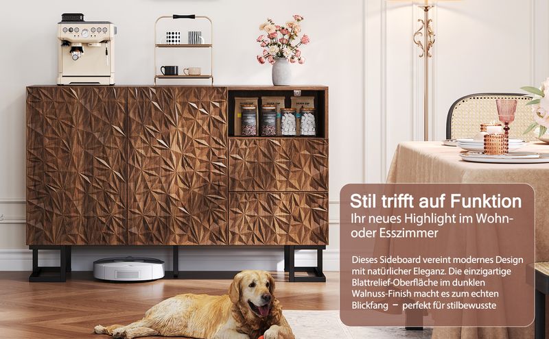 Beistellschrank 120x78,5cm Walnussoptik Mit Blattrelief, 2 Türen & 2 Schubladen_voghion.com