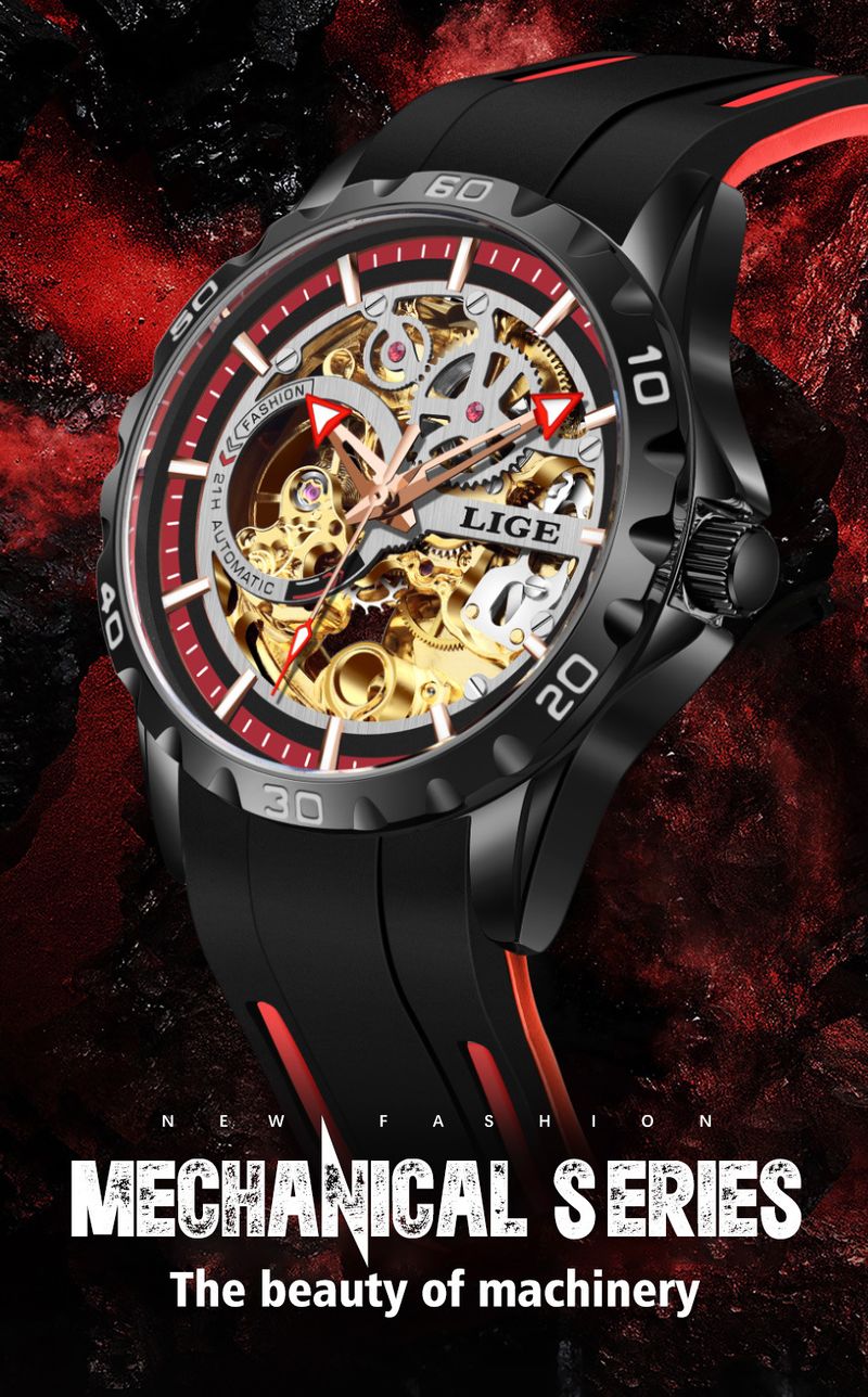 Orologio da polso sportivo automatico scheletrato da uomo con movimento multifunzione impermeabile - Cassa in acciaio inossidabile, vetro minerale, cinturino in silicone_voghion.com