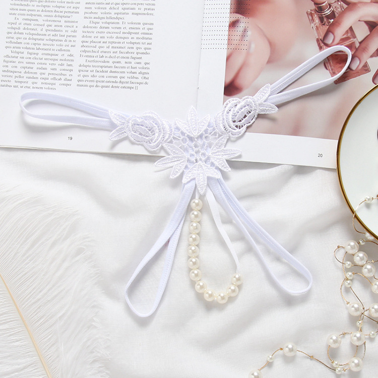 Three-dimensional pearl ladies water-soluble flower thong low-rise sexy see-through T pants_voghion.com