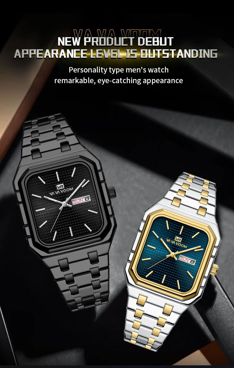 Herren-Quarzuhr aus Edelstahl mit Datumsfunktion, Leuchtzeigern und quadratischem Zifferblatt – Business-Casual-Armbanduhr_voghion.com