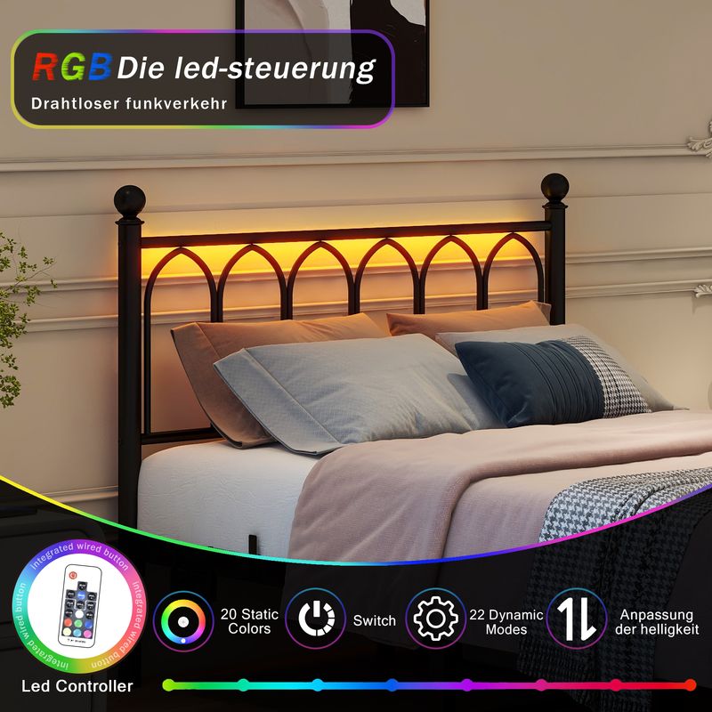 Metallbett 120x200cm Design vintage, USB, LED, Stahlunterstützung, Nero_voghion.com