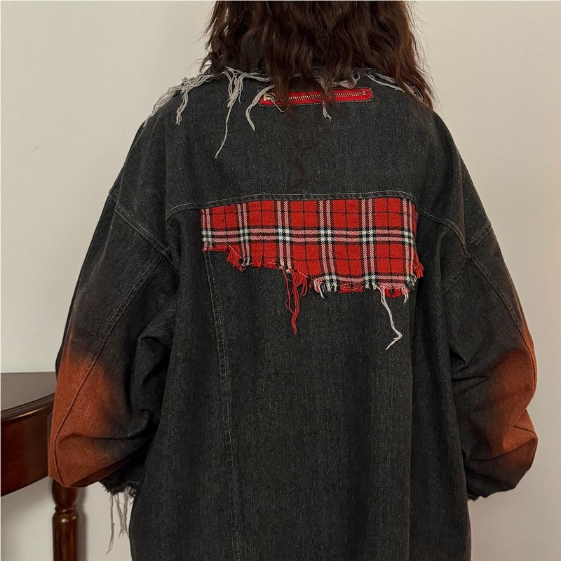 American Plaid Spliced Denim Jacket For Women's Spring New Style, Spray Painted, Washed, Distressed, With A High-End_voghion.com