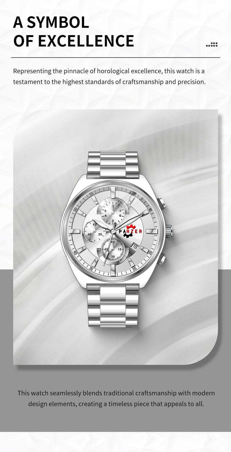 PANZER Fashion Herrenuhr mit großem Zifferblatt und Stahlarmband, Drei-Augen-Kalender, Sechs-Pin-Quarzuhr, Business-Uhr für Herren_voghion.com