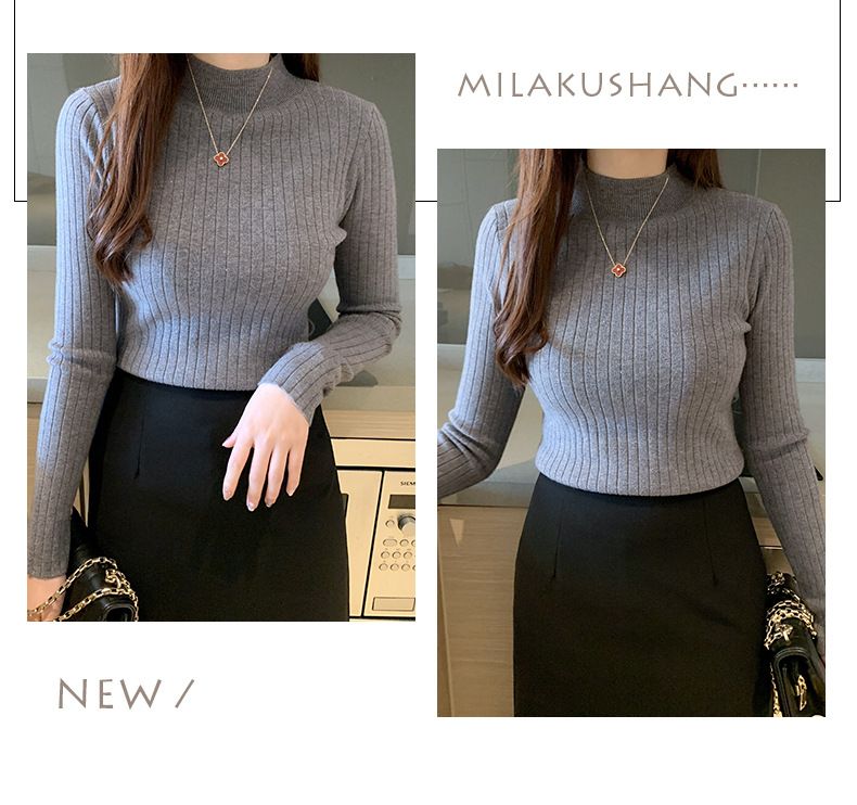 Autumn Winter New Women's Half-Polo Turtle Neck Knit Sweater Solid Color Base Layer Top Inner Outer Wear Stylish Medium Length_voghion.com