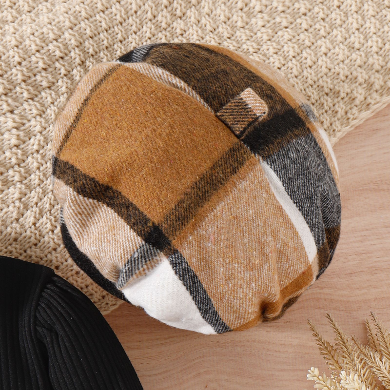 Kinderbekleidung Mode Mädchen Anzug Strickoberteil Plaid Rock Baskenmütze dreiteiliges Set_voghion.com
