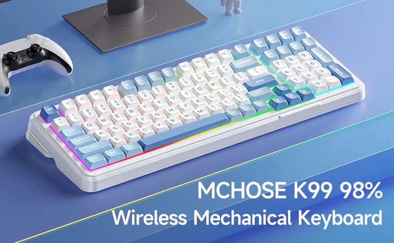 Teclado mecânico sem fio K99 98%, conexão de três modos, teclado compacto para jogos, com junta de seis camadas, retroiluminação RGB, adequado para conexão hot plug de Mac_voghion.com