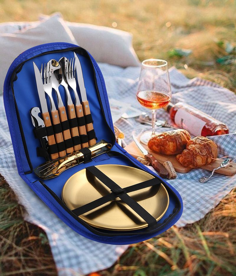 Edelstahl-Besteckset für den Außenbereich, tragbar, Western-Messer, Gabel und Löffel, Bestecktasche mit Holzgriff_voghion.com