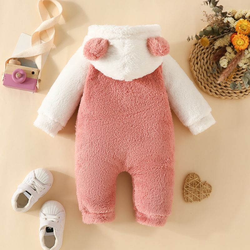 Fur Hooded Long Sleeved Long Legged Romper Baby Color Matching Plush Zipper Love Romper_voghion.com