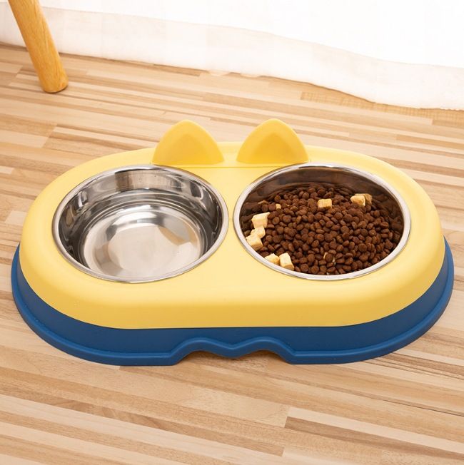 Cartoon Food Slow Feeder Standing Ears Stainless Steel Double Cat Dog Pet Bowl Non-Slip Feeding_voghion.com