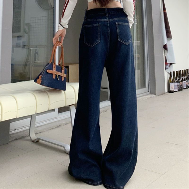 Jeans Y2K da donna autunno 2025, versatili pantaloni in denim blu navy foderati in flanella, larghi, dritti, lunghi, caldi, 2595_voghion.com