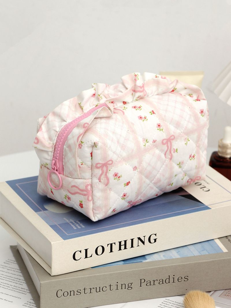 Bow Cherry Kosmetiktasche aus Stoff, große Kapazität, gesteppt, Aufbewahrungstasche für Hautpflegeprodukte, tragbare Reisetasche_voghion.com
