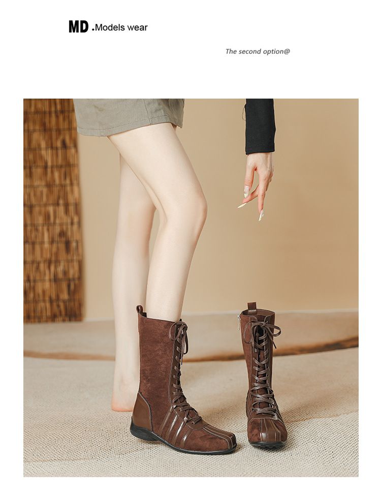 Koreaanse nieuwe retro ridder korte laarzen dames 2025 herfst en winter laarzen veter western laarzen niche platte zool kleur bijpassende korte laarzen_voghion.com