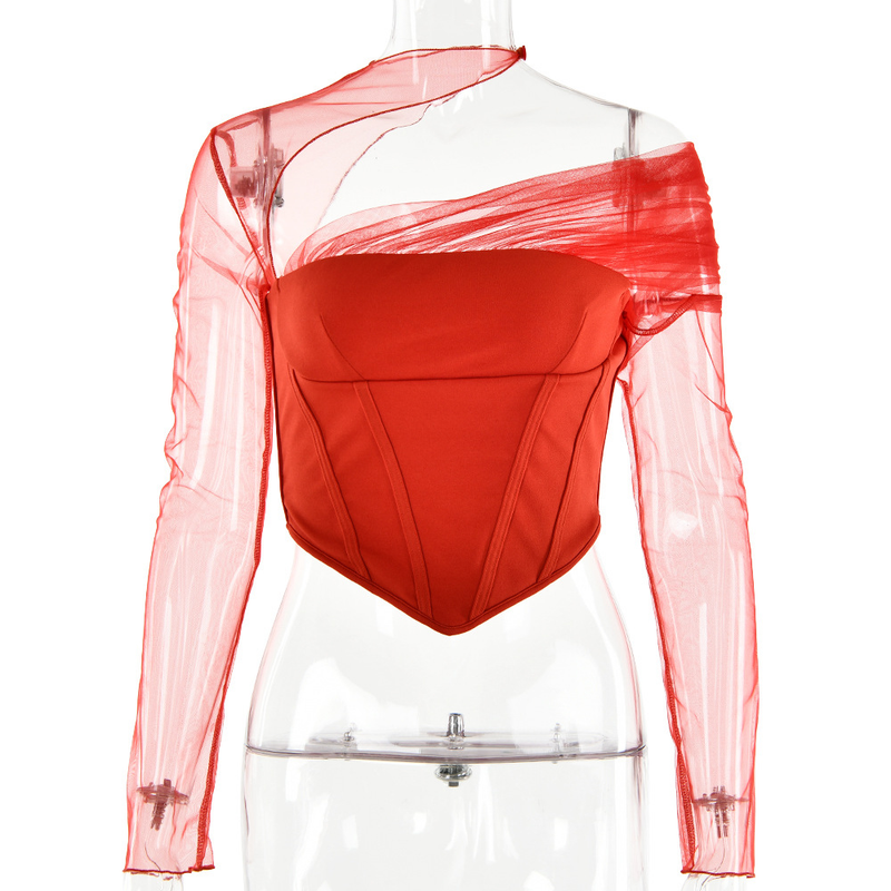 Women's temperament sexy see-through mesh stitching chest top_voghion.com