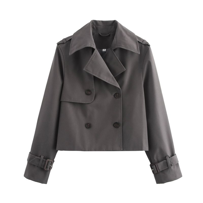 Damenbekleidung Schicke zweireihige kurze Trenchcoats für Damen – Stilvolle Revers-Crop-Jacke in Schwarz, Grau, Khaki und Dunkelbraun (S/M/L/XL)_voghion.com