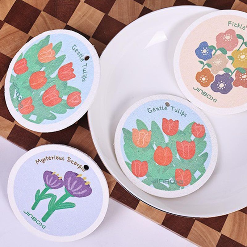 5 Stück Holzfaser-Baumwollschwamm, Cartoon-Blumenmuster, komprimierter Reinigungsschwamm, doppelseitiger Geschirrspülschwamm für Küche und Haushalt_voghion.com