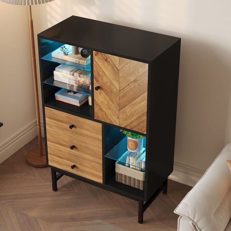 Vetrina con 12 colori di luce LED, Schubladen, Glasböden, Dreieck Holzmaserung_voghion.com