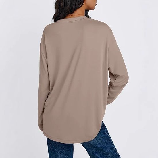 Top da donna con maniche lunghe e strato di base, t-shirt ampia oversize in seta di latte con scollo rotondo_voghion.com
