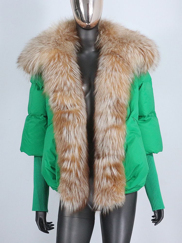 Giacca da donna con collo in pelliccia di volpe, calda, calda, ampia, sottile, a coste, stile caldo_voghion.com