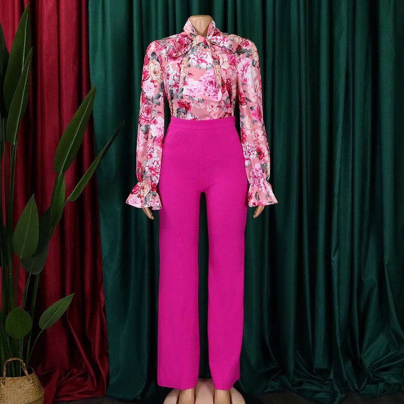 Dameskleding herfst en winter losse grote maten casual bedrukte shirts met lange mouwen wijde pijpen broeken cross border tweedelige set_voghion.com