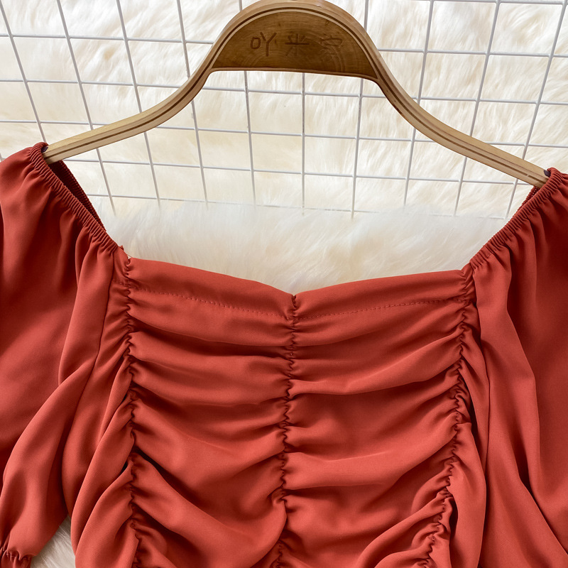 Pantalon décontracté pour femmes, taille haute, drapé, jambes larges, ensemble deux pièces, col carré, chemise courte et slim_voghion.com