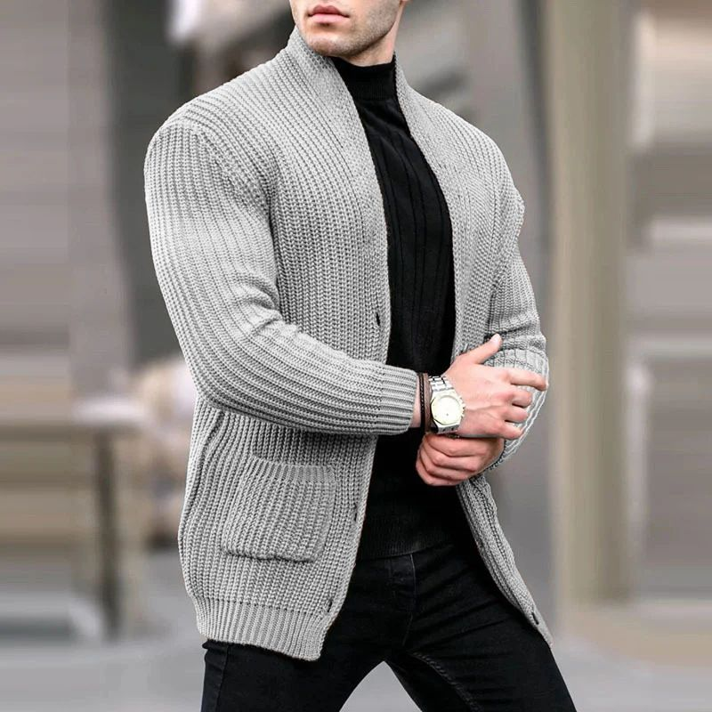 Clothing European American Fashion Cardigan Long-Sleeved Loose Solid Color Pocket Button Slim Fit Men's Autumn And_voghion.com