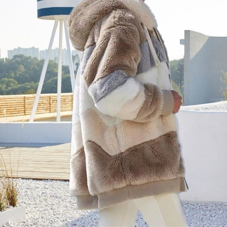Autumn and winter warm plush patchwork zipper pocket hooded loose coat for women_voghion.com