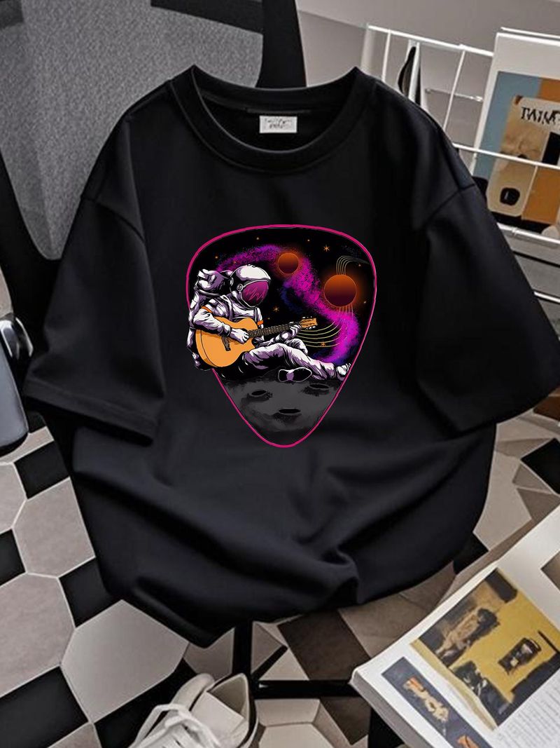 Un astronauta che suona la chitarra, maglietta da uomo in cotone con scritta Space Rock, elegante, versatile, stile grafico, casual._voghion.com