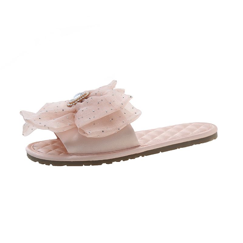 French Fairy Style Women's Bow Satin Flat Summer New Outdoor Soft Sole One-Word Slippers_voghion.com