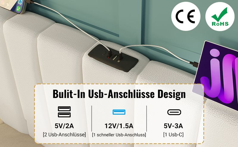 Lit double 160 x 200 cm avec rangement intégré, éclairage LED et recharge USB-C via application, sommier à lattes et matelas inclus, similicuir, blanc_voghion.com